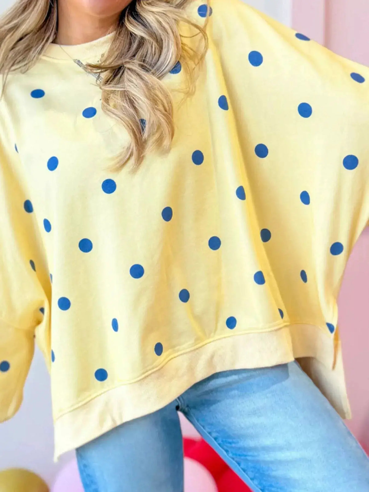 Side Slit Polka Dot Oversized Sweatshirt by Trendsi in yellow with blue dots