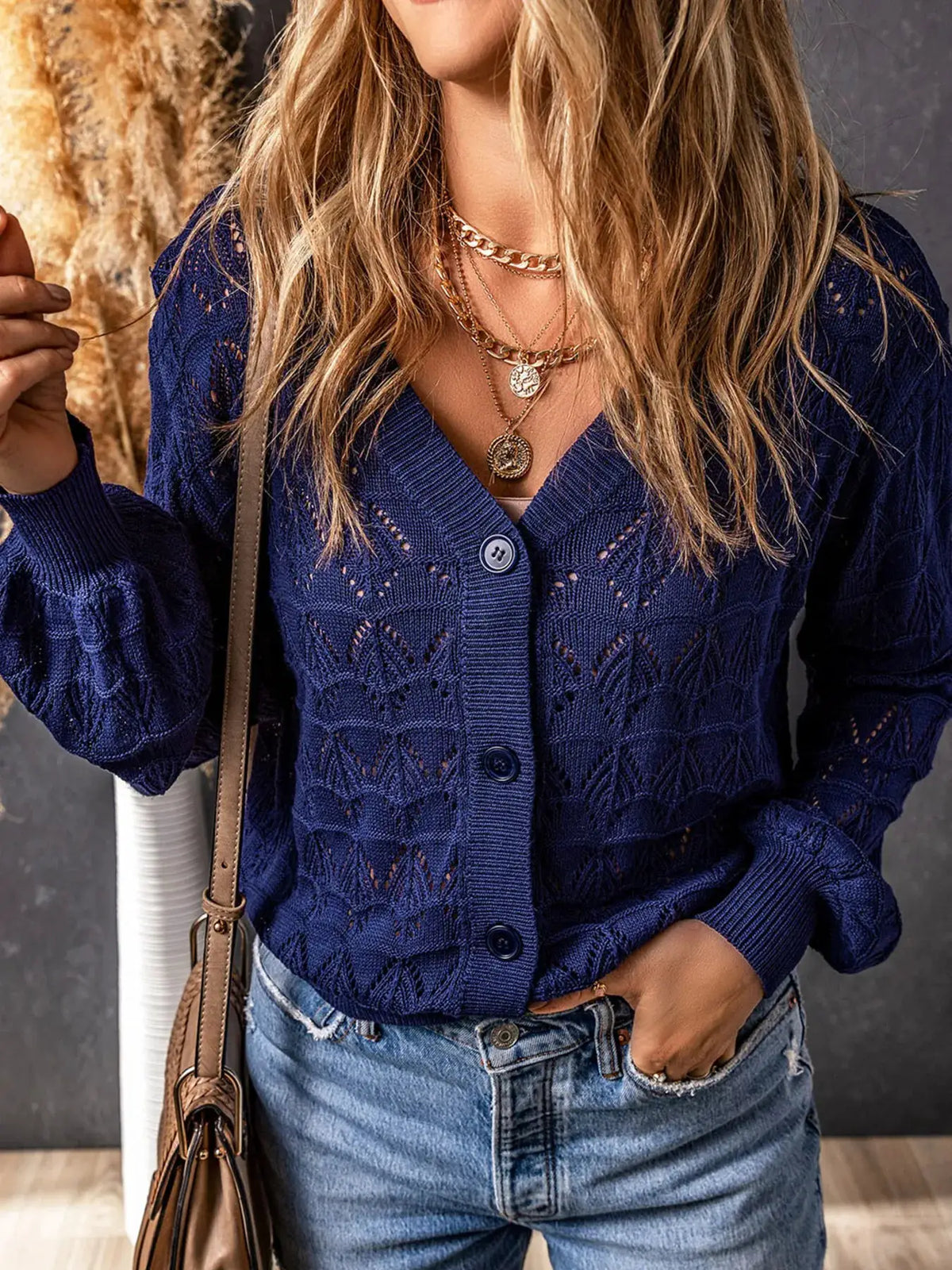 Button-front openwork cardigan in navy with textured stretch detail