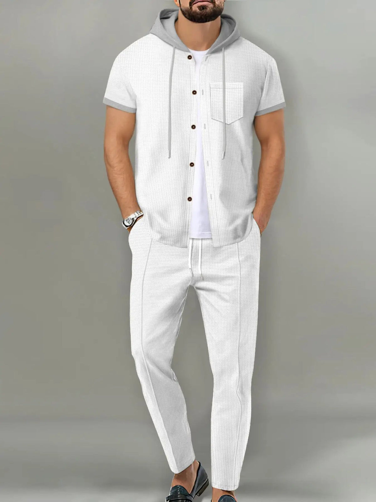 Men's plus-size short-sleeve hooded top and shorts set in white textured fabric with grey hood, drawstrings, and pockets