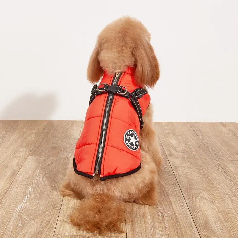 Pet warm dog coat in bright orange cotton-padded fleece-lined with central zipper and reflective trim.