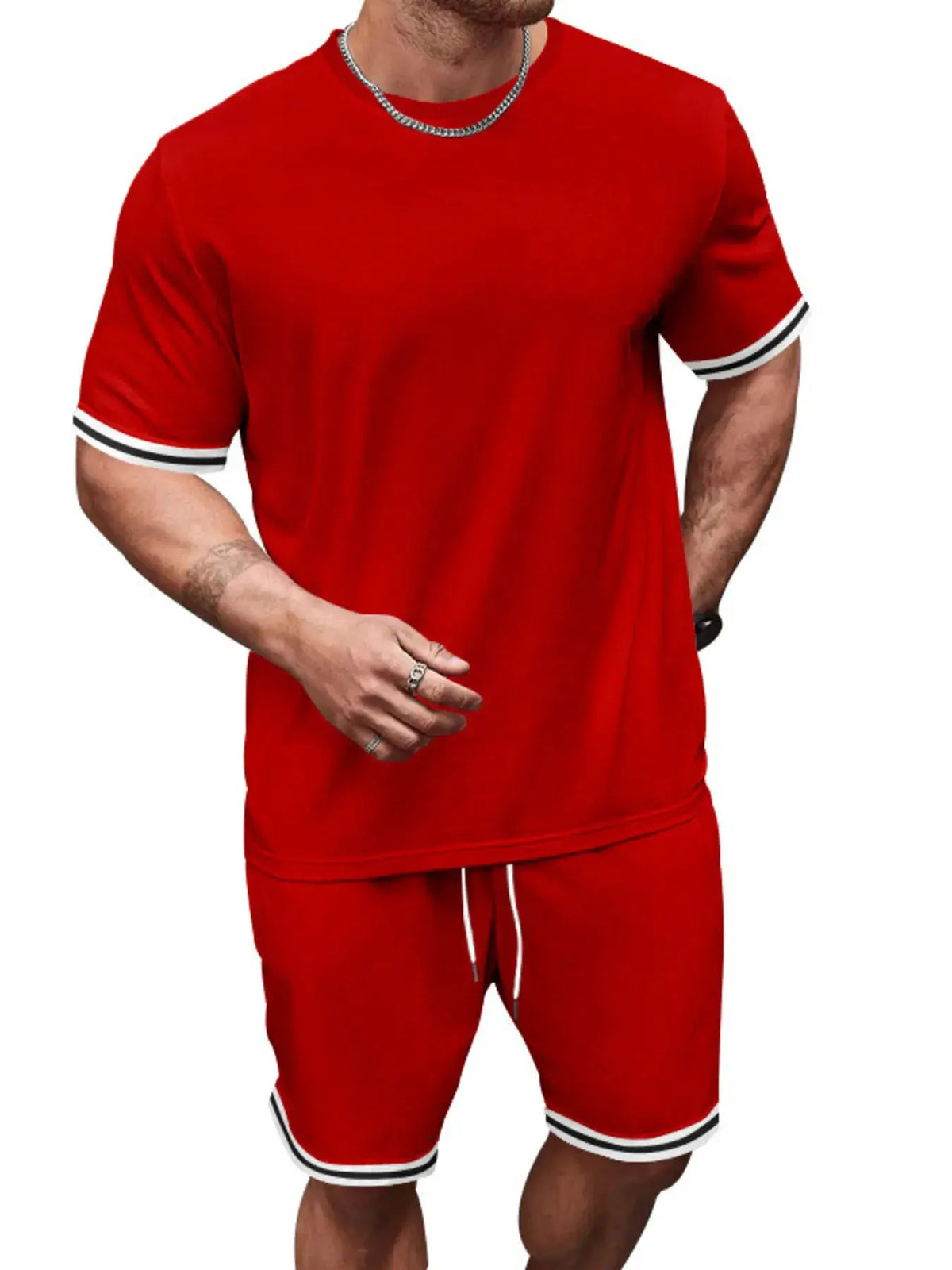 Men's red two-piece summer set with short-sleeve tee and matching shorts; white and black striped trim on cuffs.