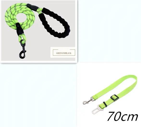 AdTec reflective nylon dog leash, neon lime; two leashes shown, one with padded black handle, 70cm length.