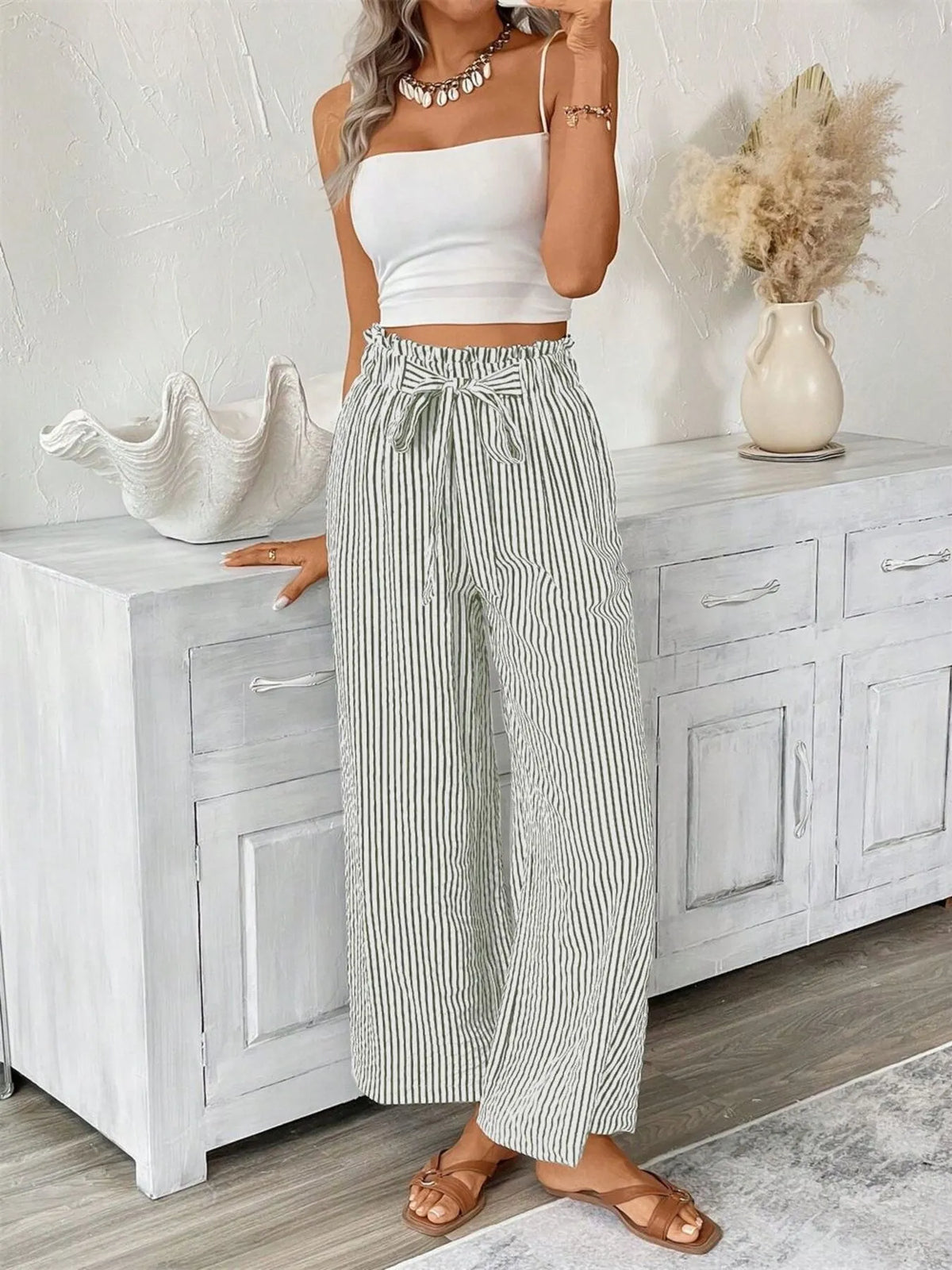 Trendsi plus-size striped paper-bag palazzo pants with tie waist, black and white wide legs