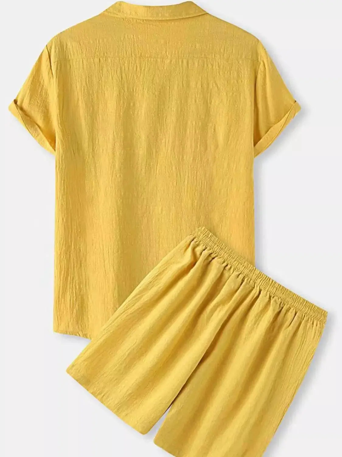 Trendsi two-piece men's 100% cotton button-up short-sleeve shirt and elastic-waist shorts set in yellow