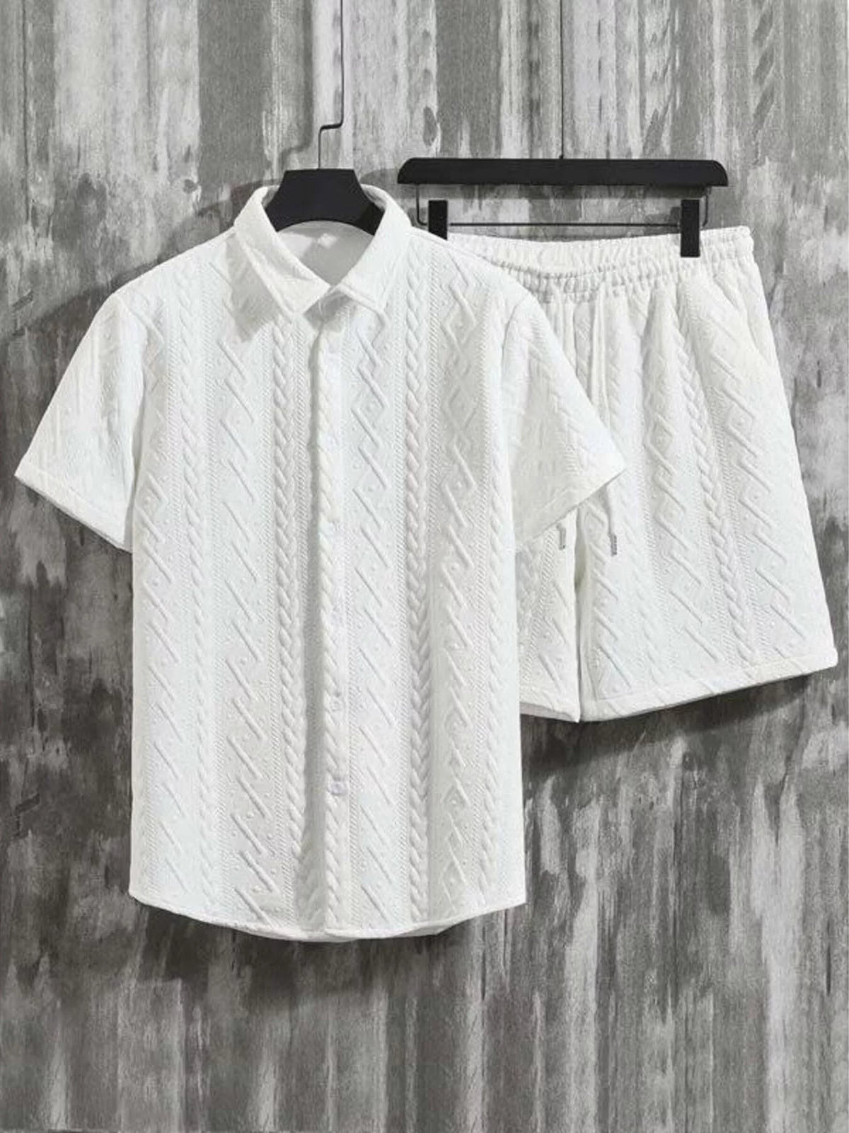Men's white textured knit polo & shorts set with elastic waistband, by Trendsi