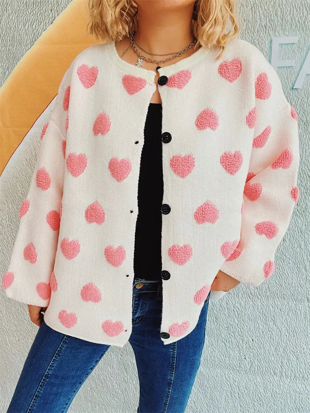 Cozy Heart Button Front Long Sleeve Stretch Knit Cardigan in white with pink hearts
