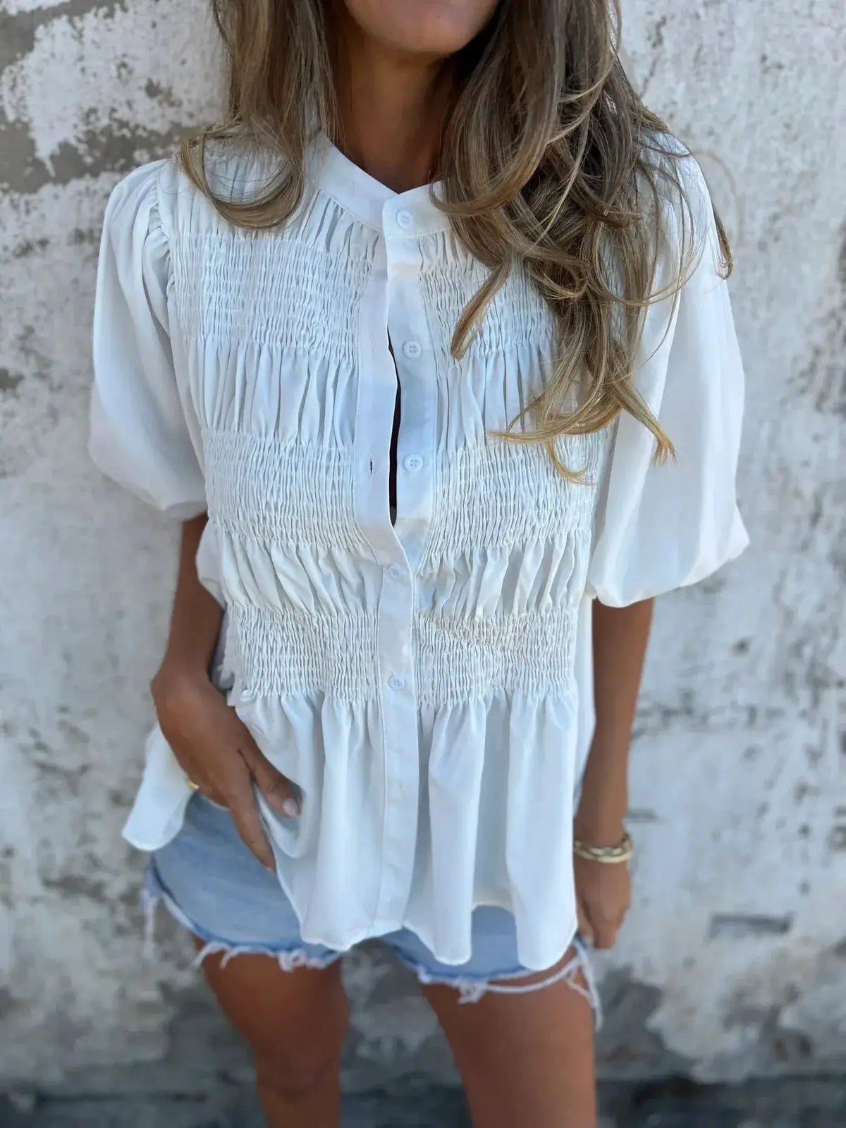Full Size Smocked Puff Sleeve Blouse Plus Size in white with shirred front panels