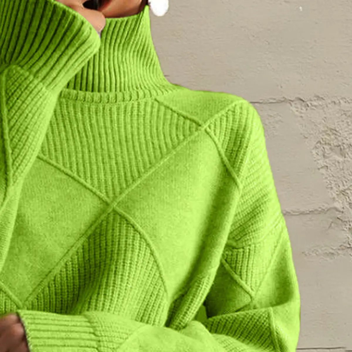Geometric panel-knit turtleneck long-sleeve sweater in neon lime green