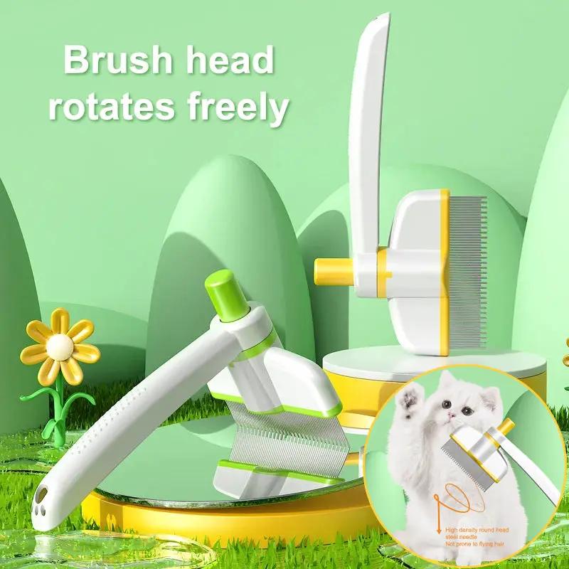 Self-cleaning pet grooming kit with rotating brush and comb for cats and dogs, white and green