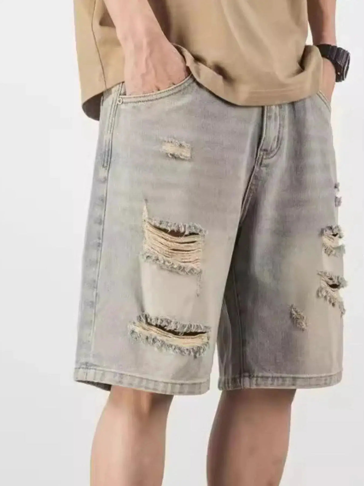 Men's distressed denim shorts, light wash with ripped patches, relaxed cotton fit