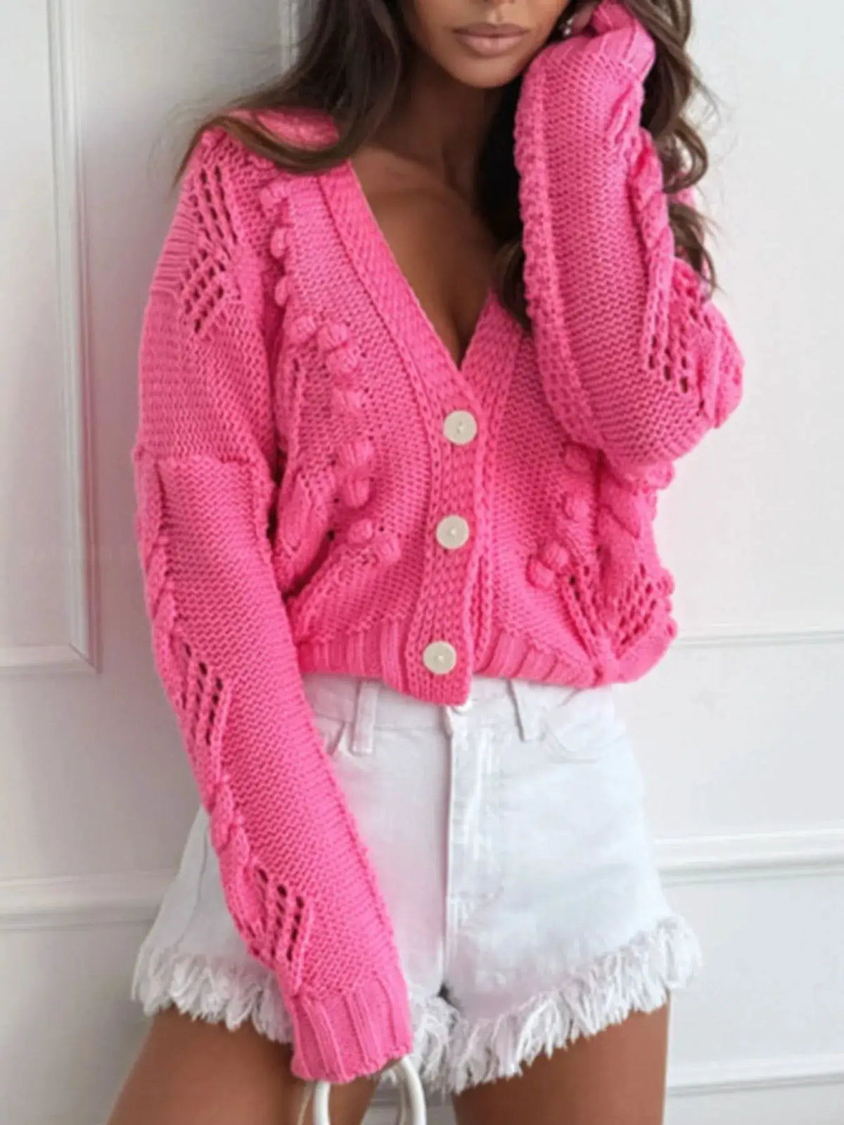 Trendsi pink button-up V-neck openwork knit cardigan in 100% polyester with white buttons