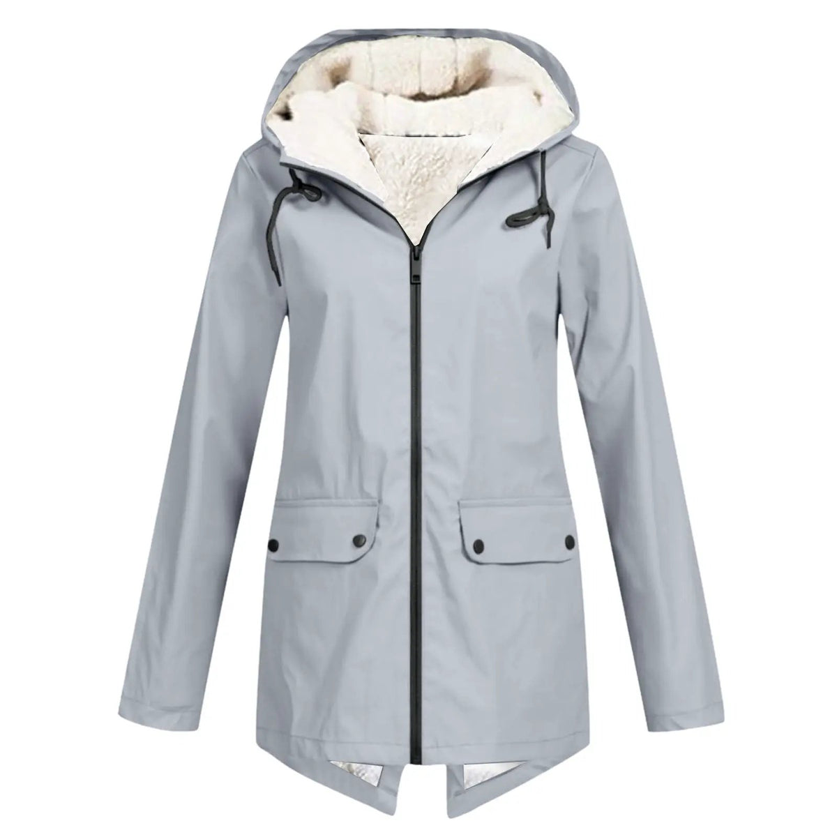 Unisex hooded parka coat in light gray with velvet-lined insulation, front zip, and snap pockets