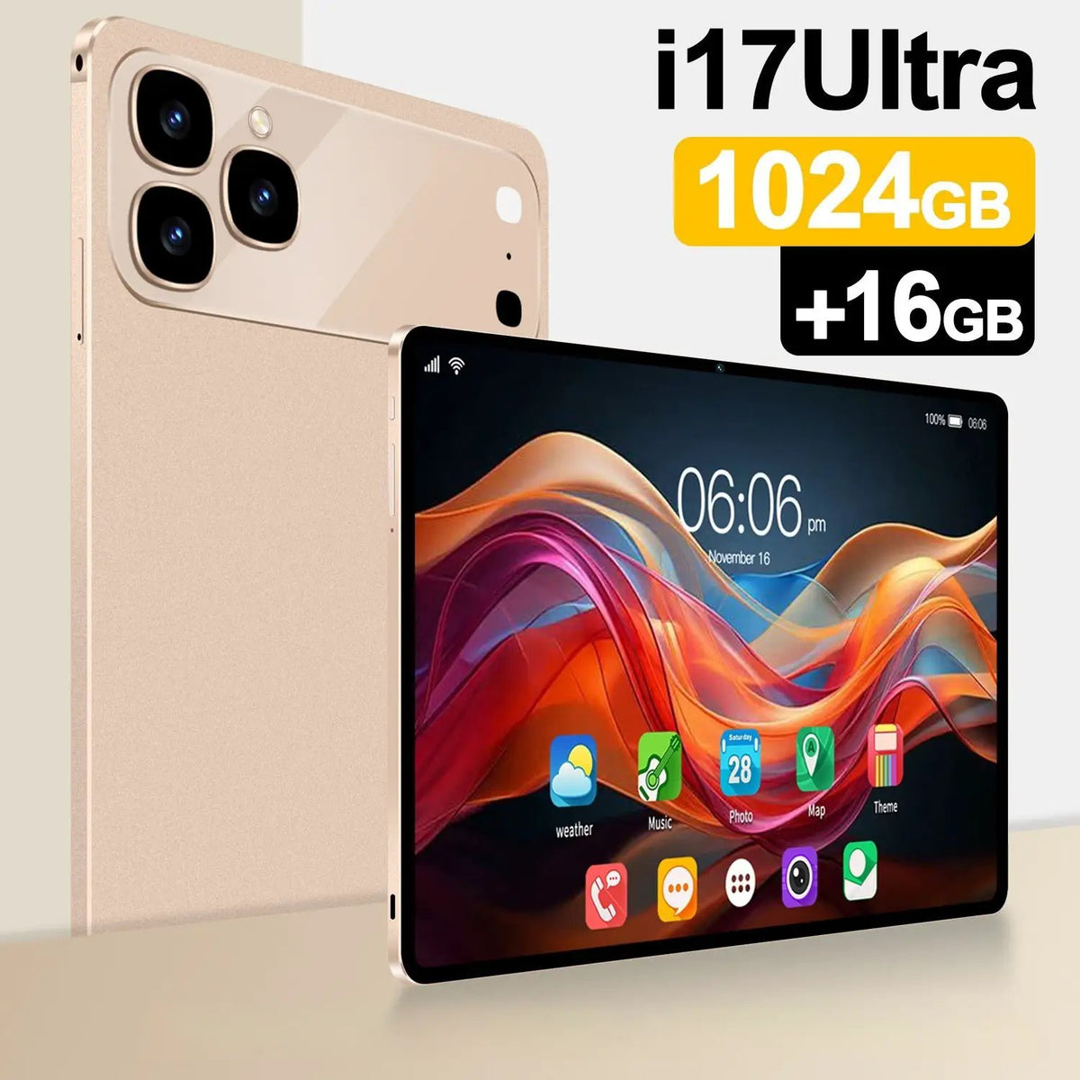 i17Ultra 11.6-inch tablet, gold finish, triple-camera rear, 1024GB +16GB