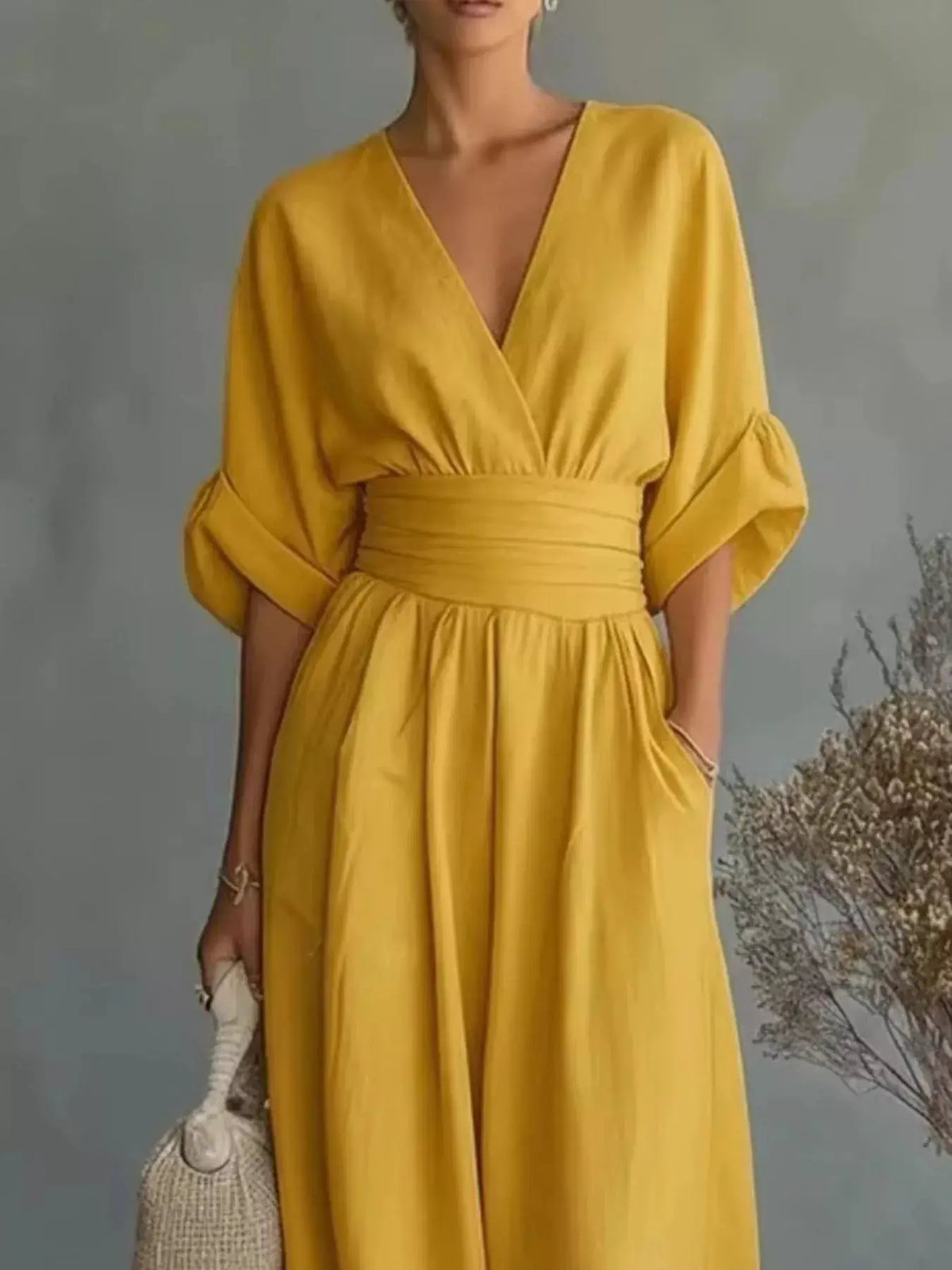 Full-Size half-sleeve wide-leg jumpsuit by Trendsi in mustard yellow, plus size