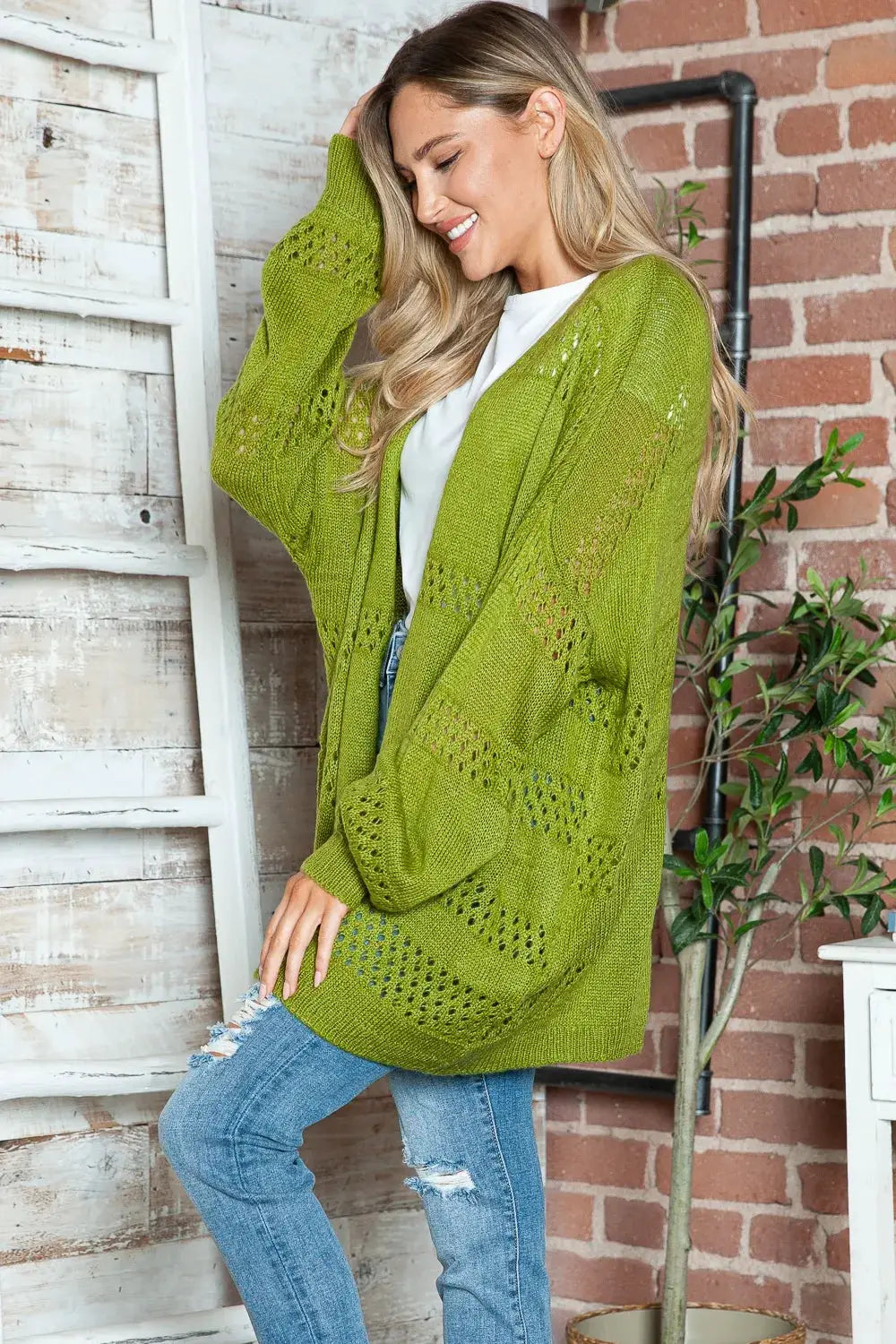 Openwork open-front long-sleeve acrylic cardigan by Trendsi in lime green