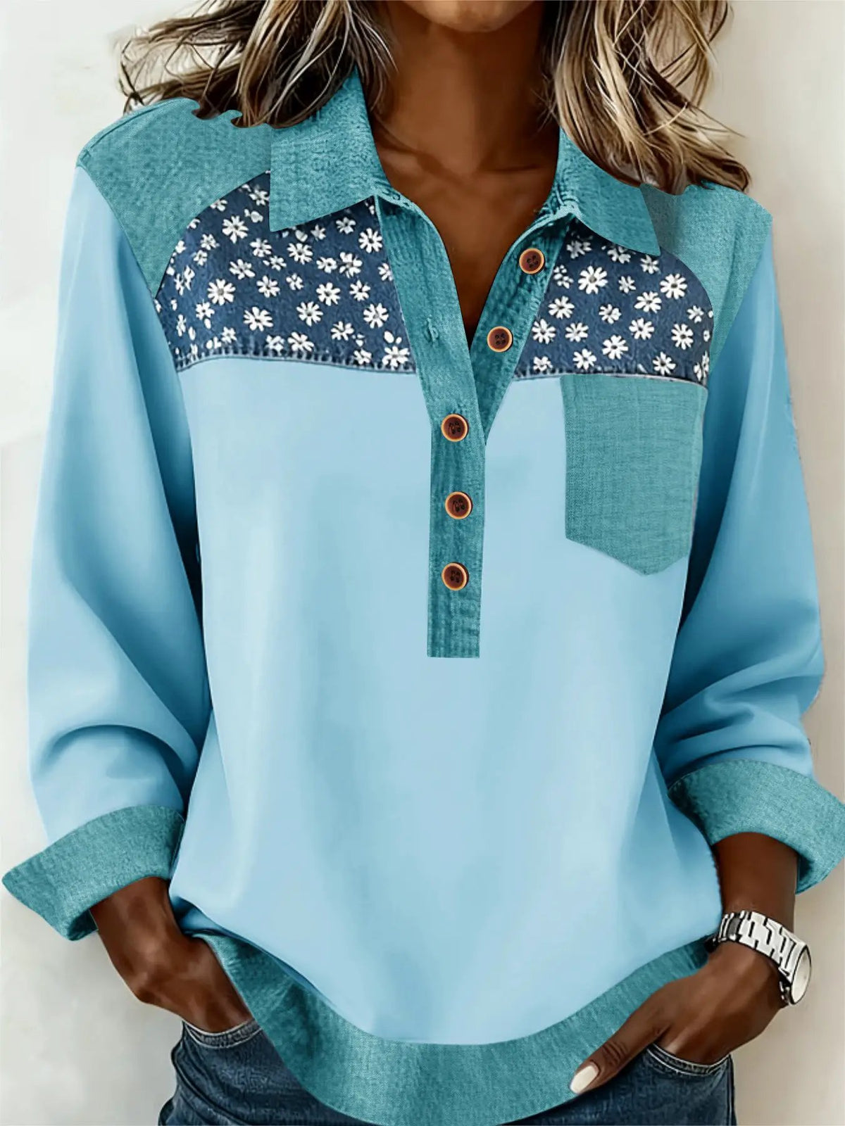 Women's casual denim patchwork collar button-down long-sleeve top in light blue with teal panels and floral yoke
