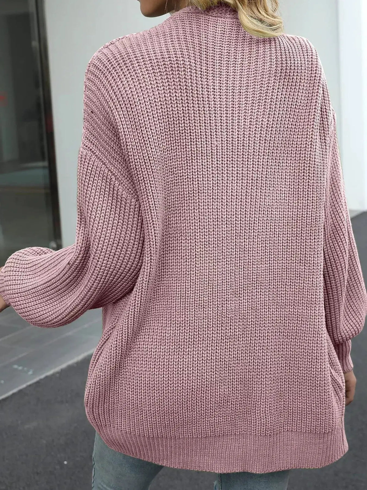 Oversized chunky knit cardigan, dusty pink, open-front with stretch fabric