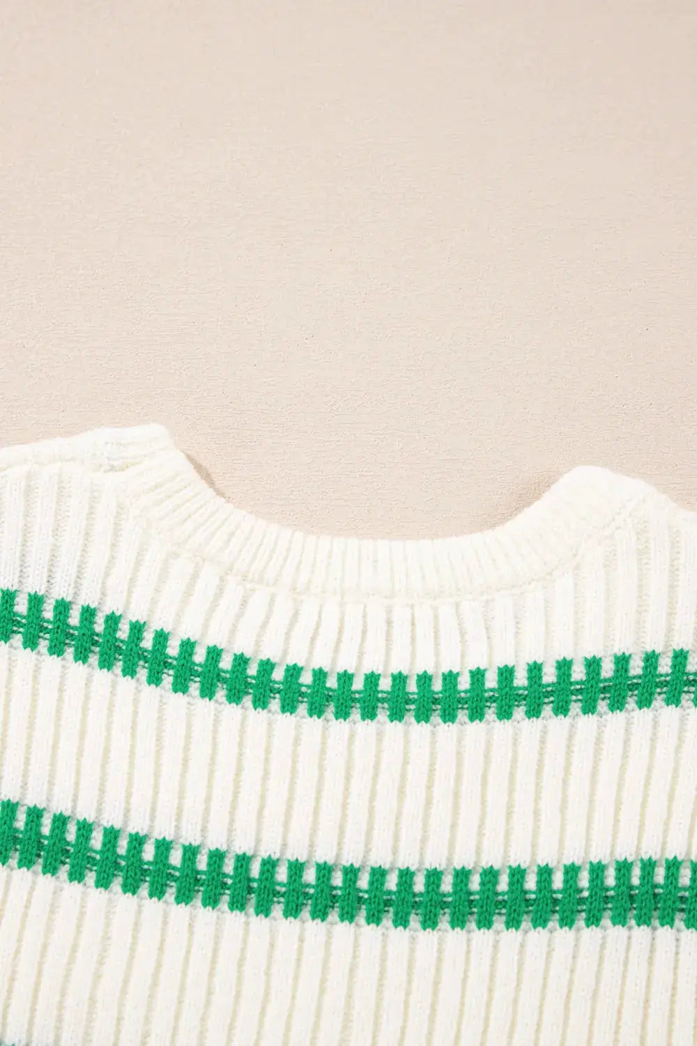 Premium Striped Round Neck Sweater Vest in white with green knit stripes, soft knit comfort