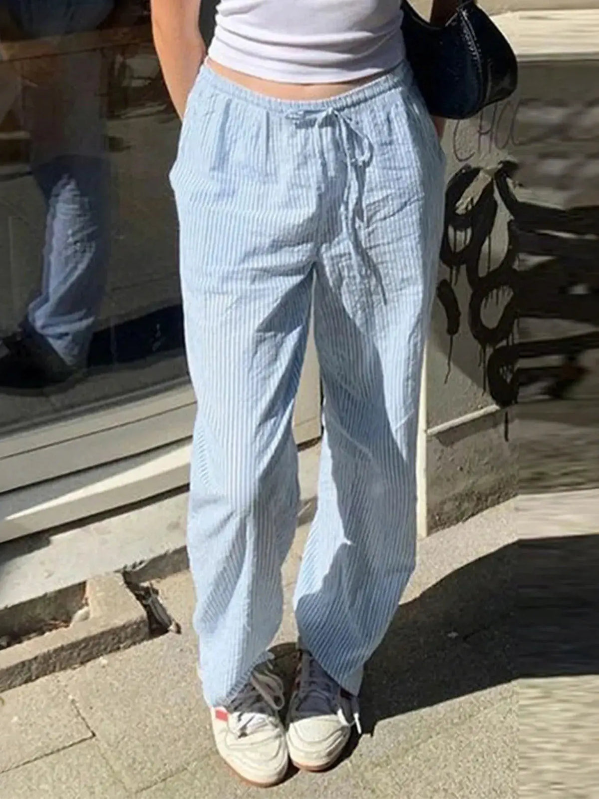 Striped drawstring wide-leg Palazzo pants in light blue