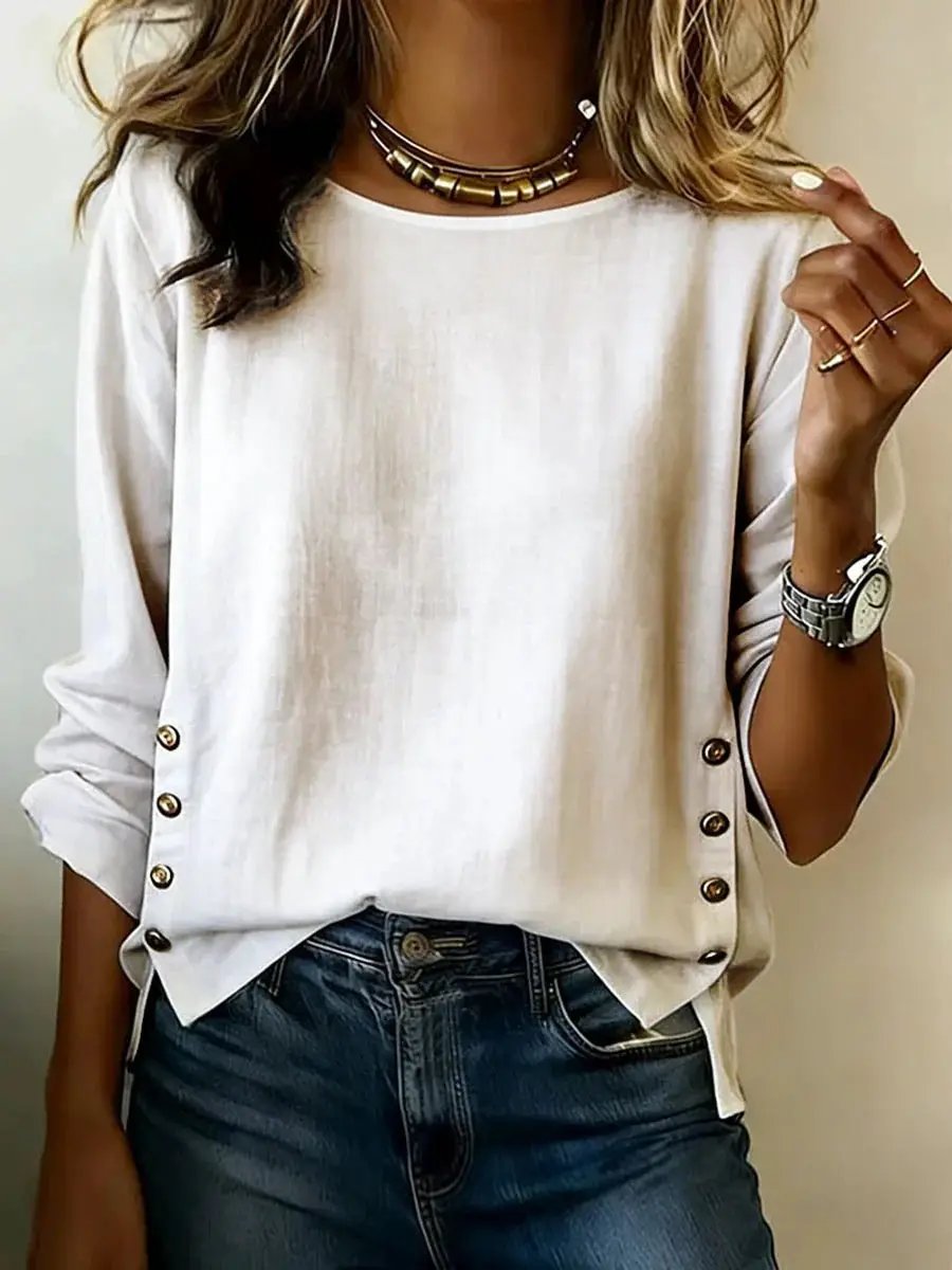 Breathable Linen Short Sleeve Crew Neck Casual Summer T Shirt by AdTec, white with side metal buttons.