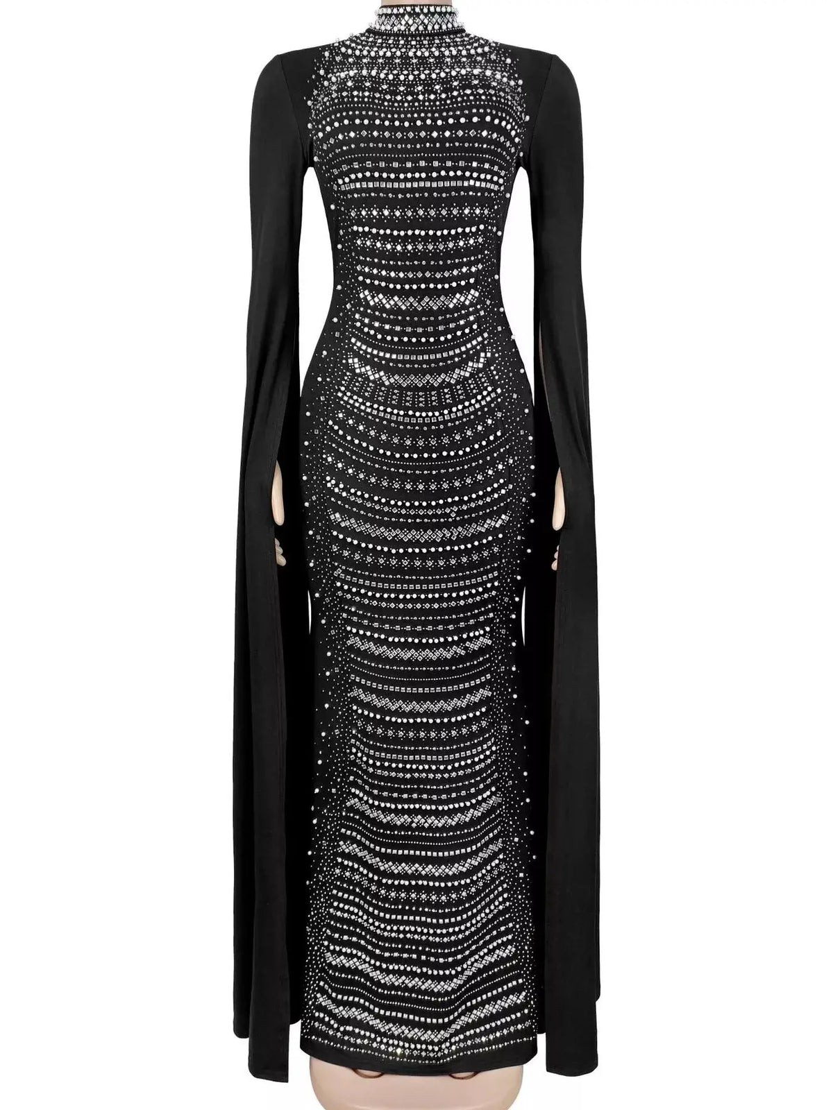 Rhinestone Slit Flare Sleeve Cape Maxi Dress in black with crystal embellishments
