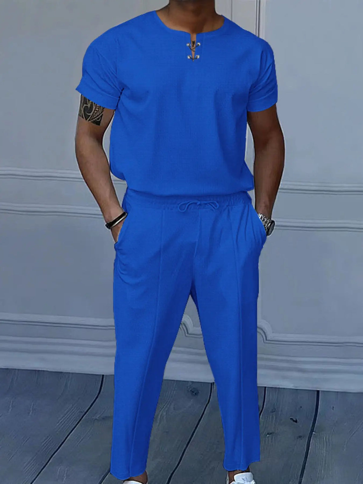 Mens blue casual short-sleeve top and pants two-piece set, plus size, Trendsi