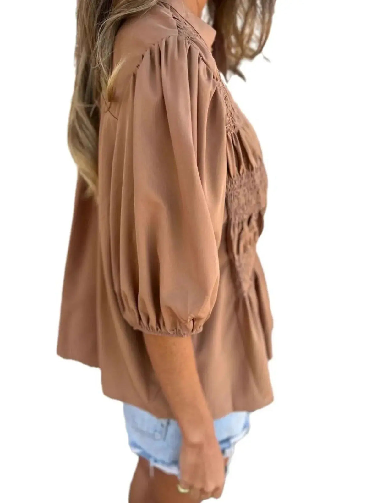 Full Size Smocked Puff Sleeve Blouse Plus Size by Trendsi in camel brown