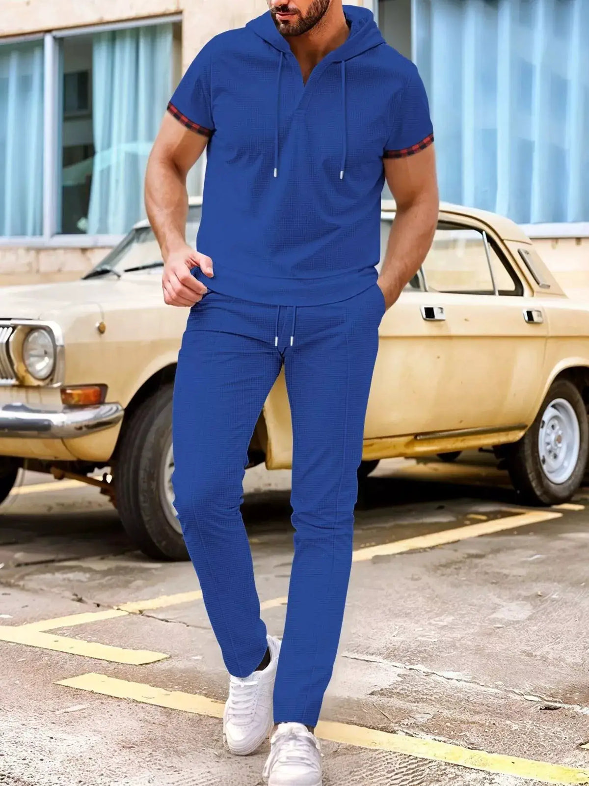 Men's blue lightweight short-sleeve hoodie and jogger lounge set, plus size, Trendsi