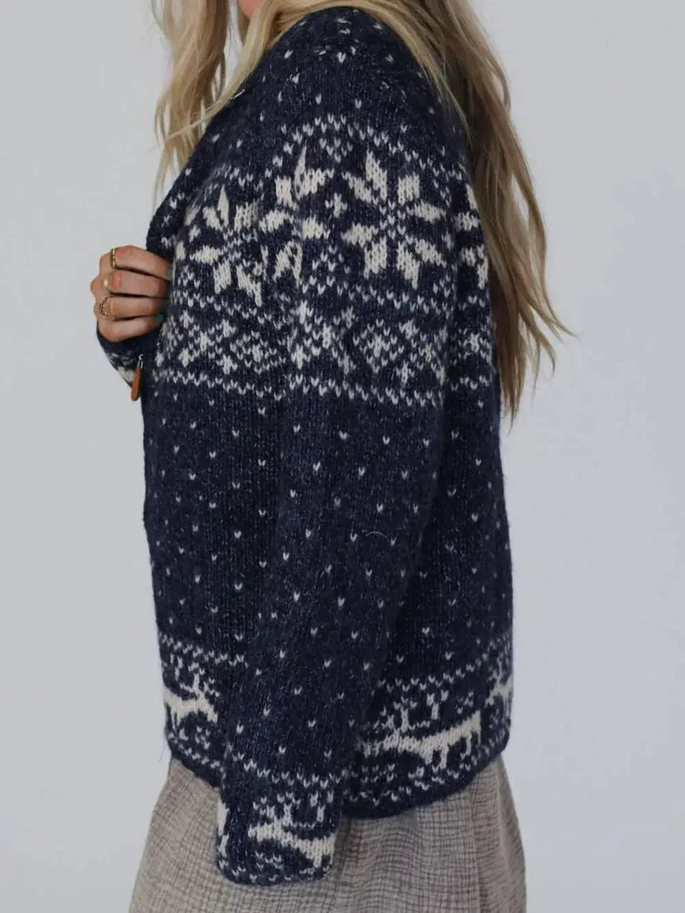 Cozy zip-up long-sleeve acrylic cardigan in navy with white knit pattern by Trendsi