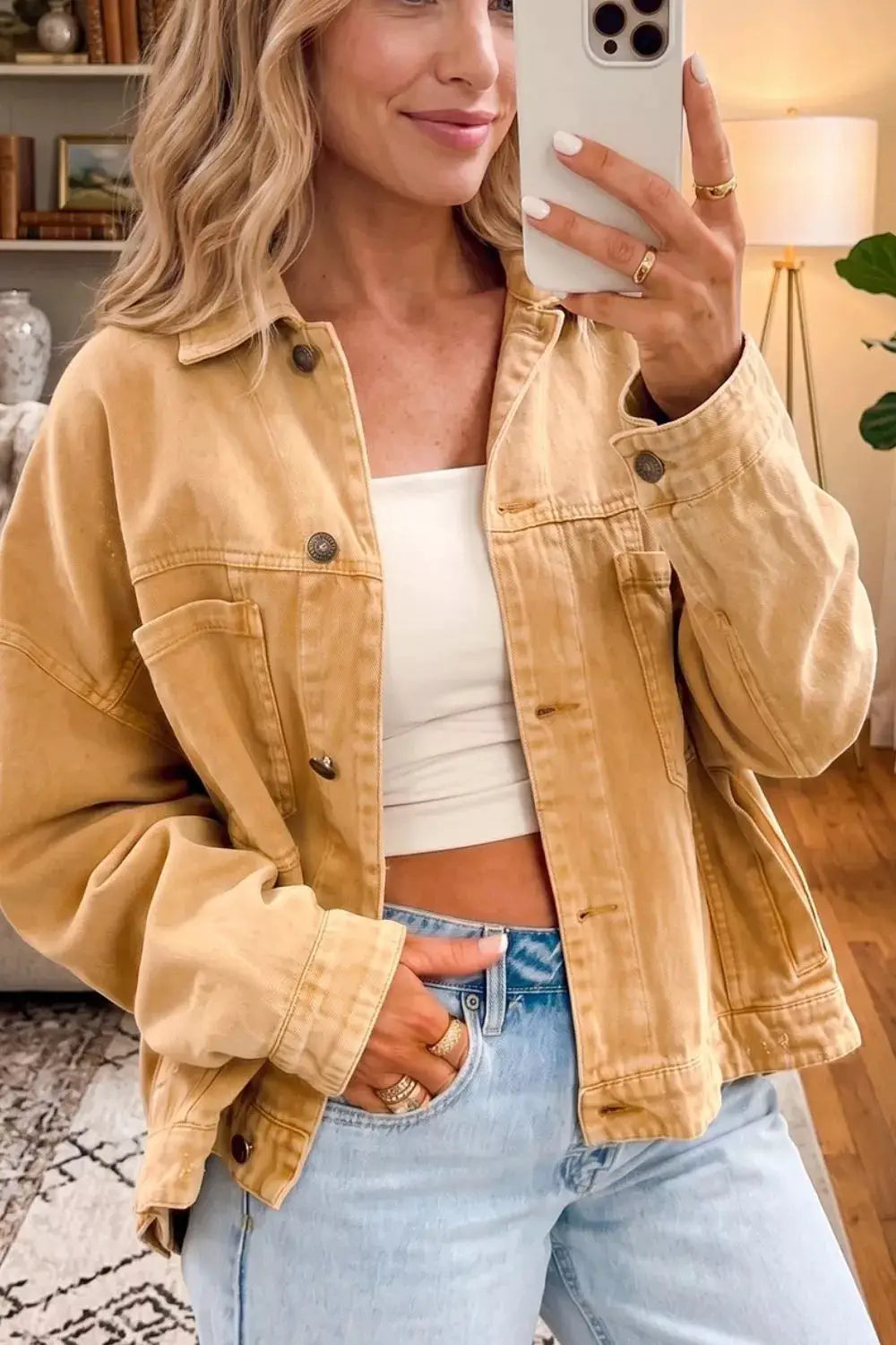 Washed long-sleeve denim trucker jacket tan cotton-blend with metal button-front by Trendsi
