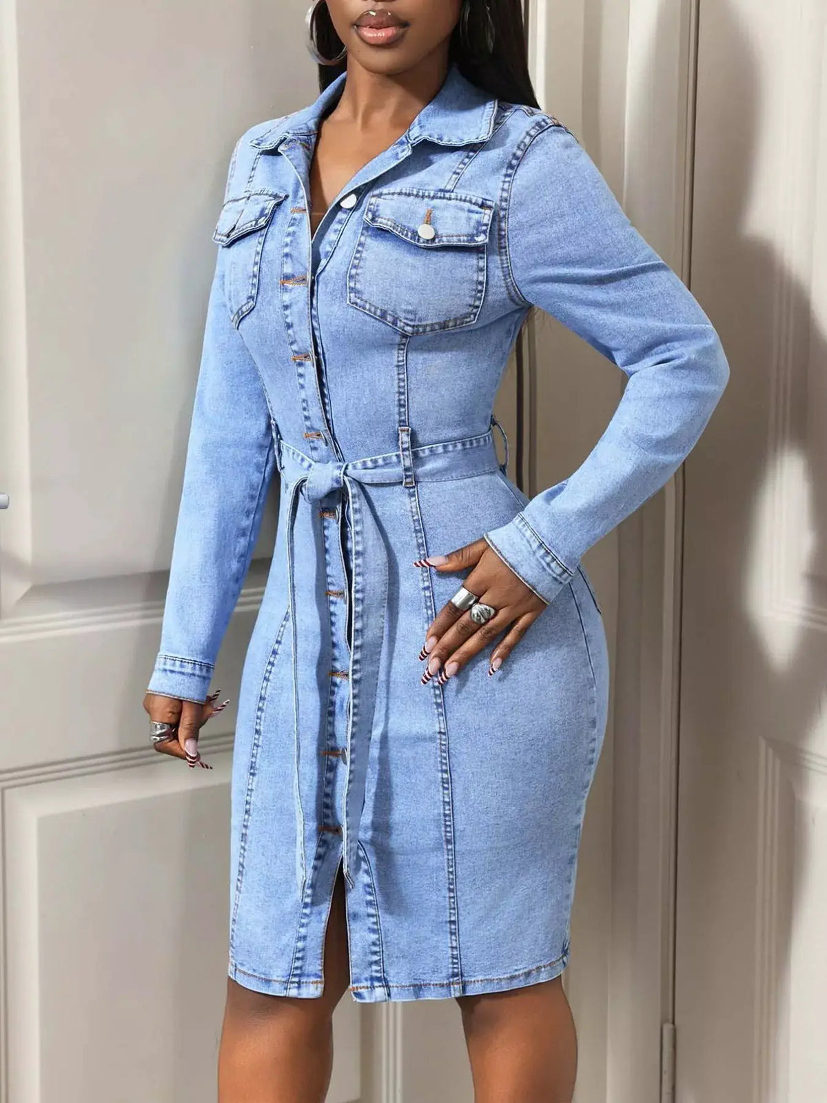 Women's Button-Down Tie Waist Denim Dress with Side Pockets in light blue denim, Trendsi