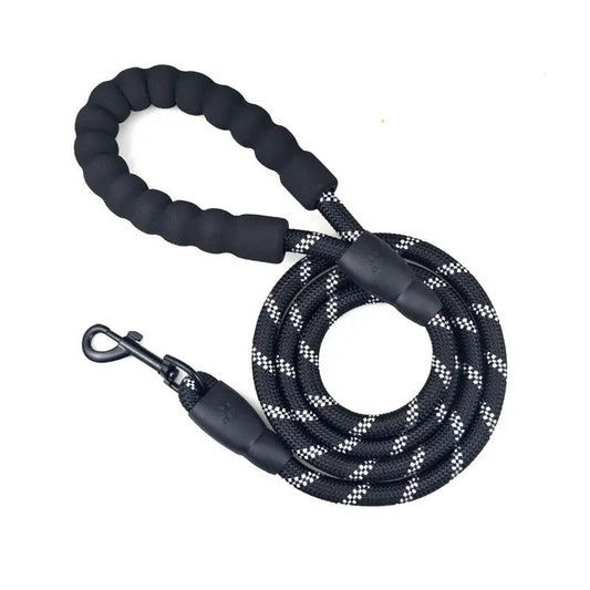 Durable dog leash with reflective rope; loop handle, black braided cord with white reflective pattern.