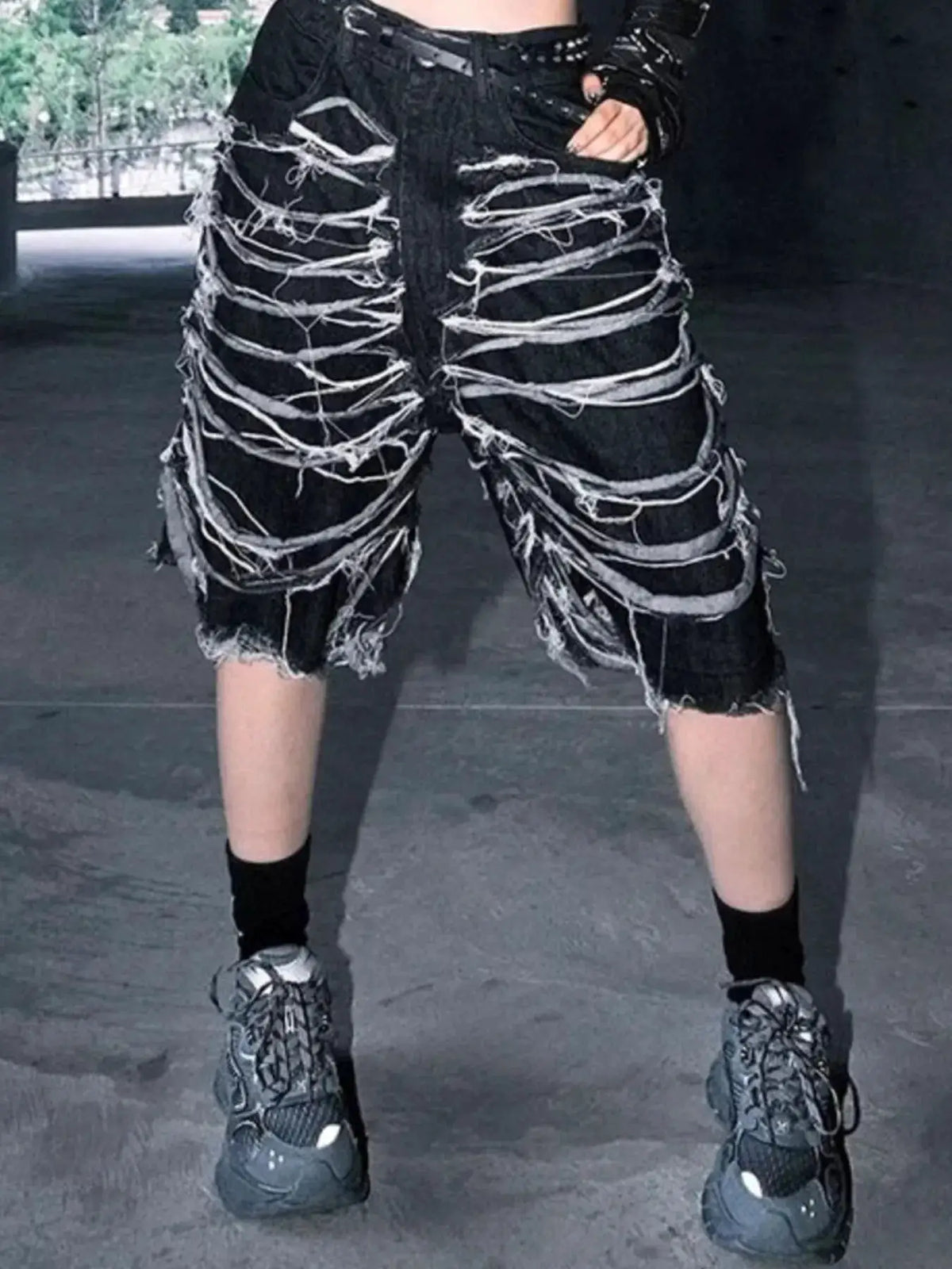 Mens frayed-hem black denim shorts with stud detail and distressed panels
