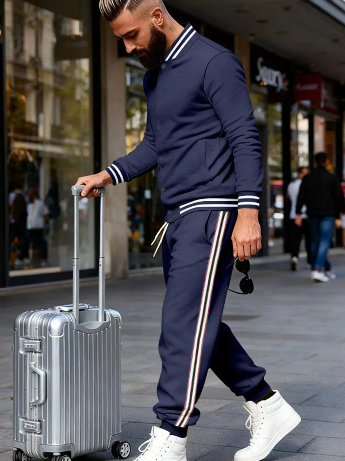Mens navy striped snap-front loungewear set with drawstring waist and pockets