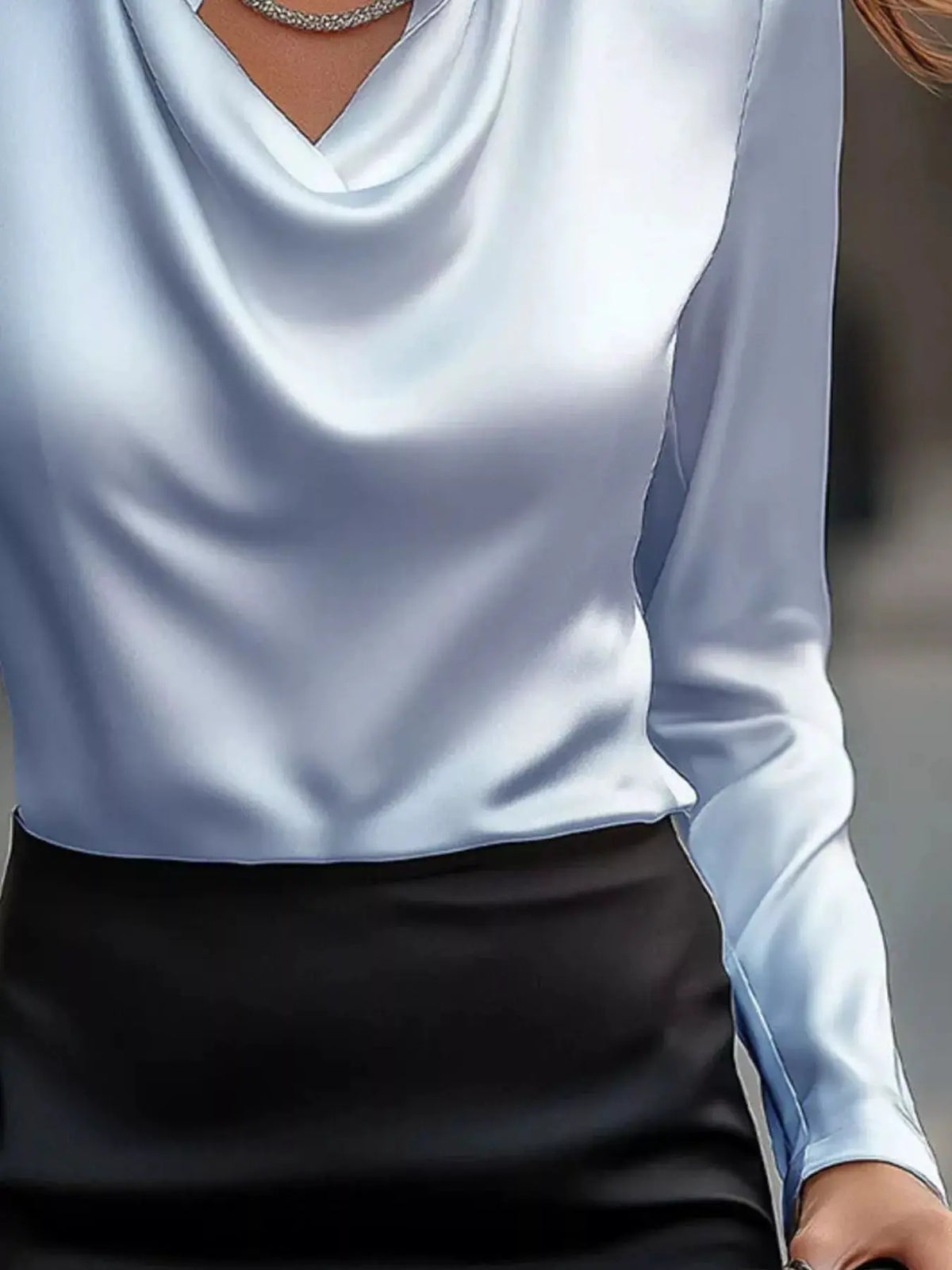 Satin cowl-neck blouse, long sleeves; Trendsi plus-size in light blue