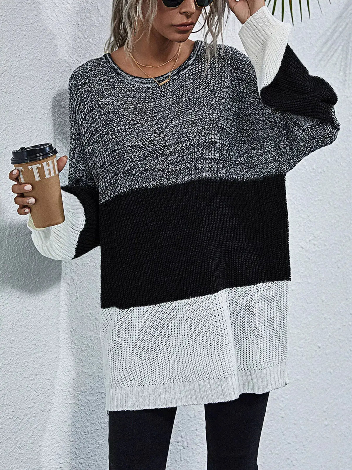 Color Block Oversized Sweater; gray, black, and white knit with round neck and relaxed fit