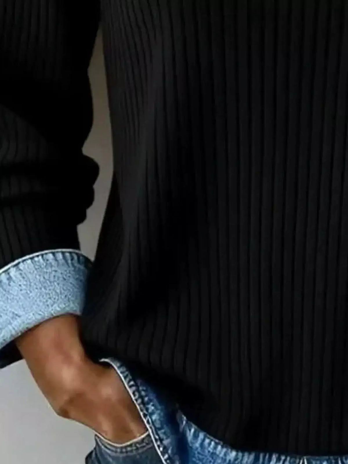 Denim Collar Ribbed Knit Top by Trendsi; black knit with blue denim collar