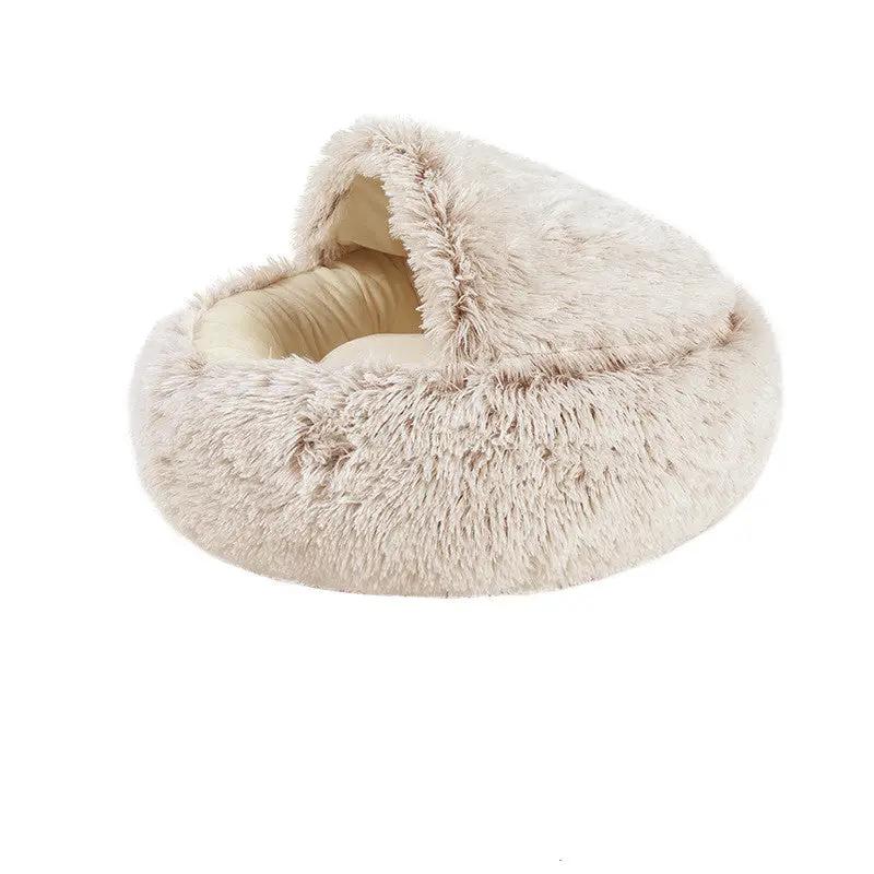 AdTec crystal velvet round plush cat bed, cream with cave entrance