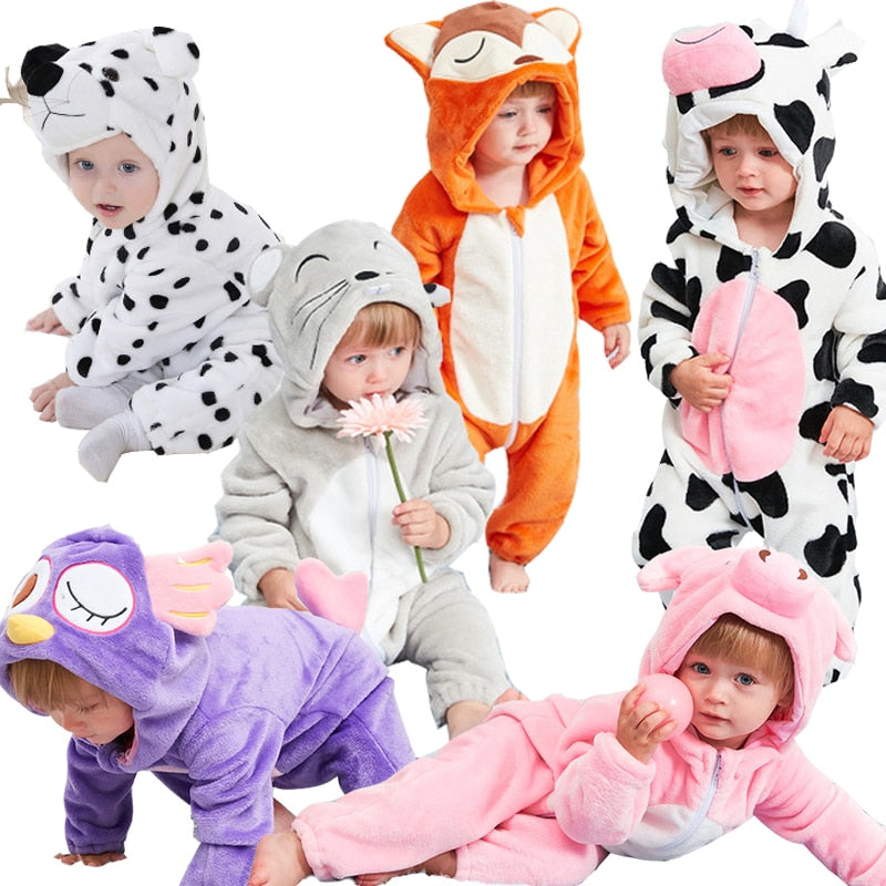 Baby animal jumpsuits for infants; six plush one-pieces in dalmatian, fox, cow, gray mouse, purple owl, and pink pig.