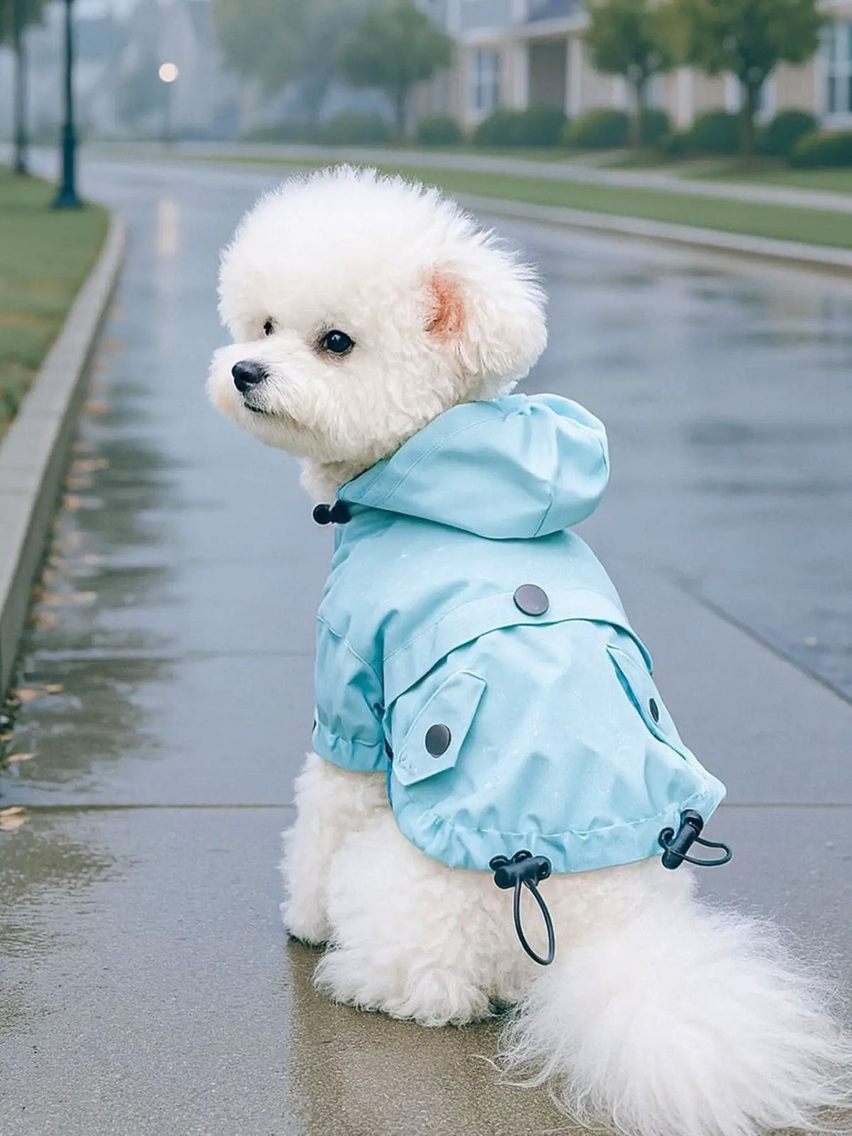 Lightweight waterproof pet raincoat in light blue with hood on a fluffy white dog (Trendsi).