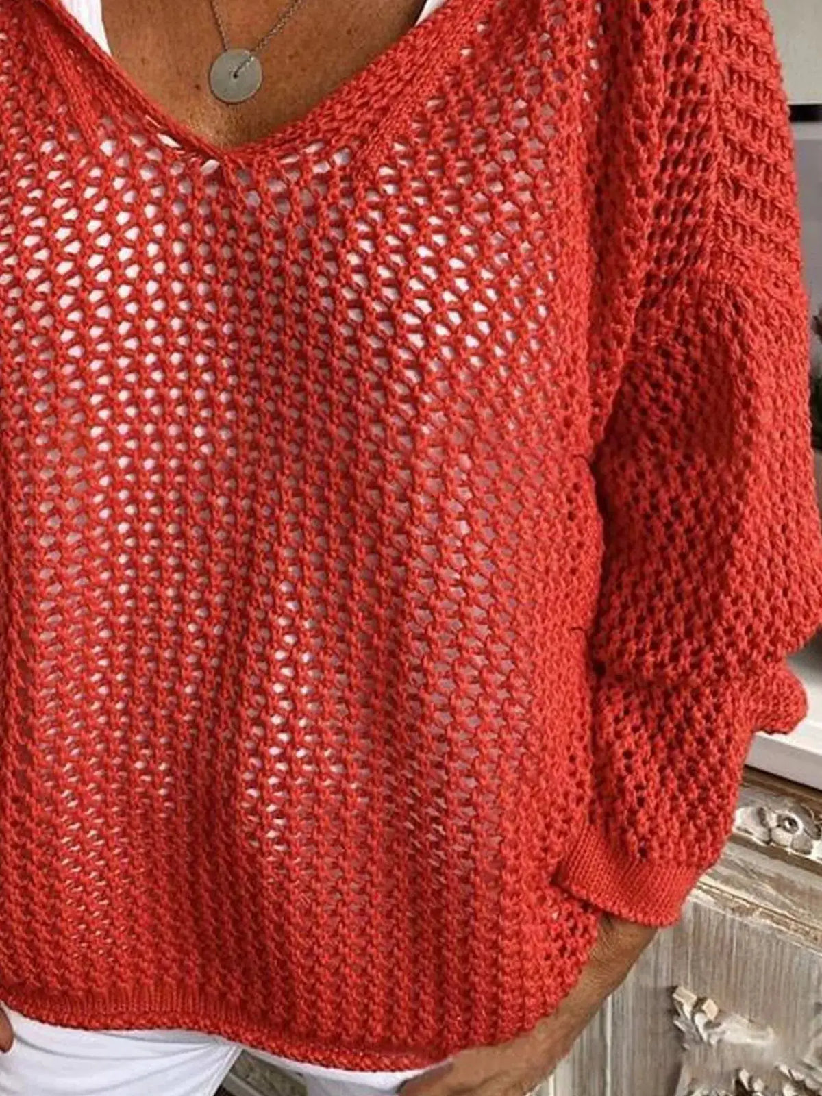 Openwork red knit beach cover-up, long sleeves, lightweight mesh-style layer