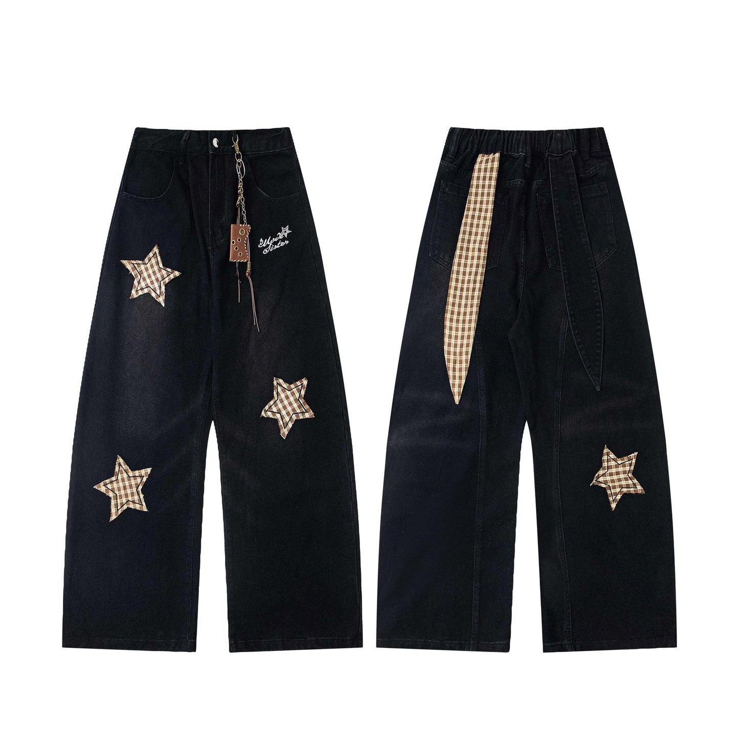 Five pointed star patch embroidered Denim Curved knife Pants