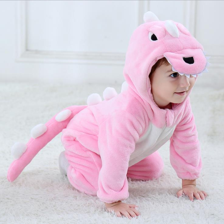 Baby animal jumpsuit, pink dinosaur design with white belly and hood, AdTec brand.