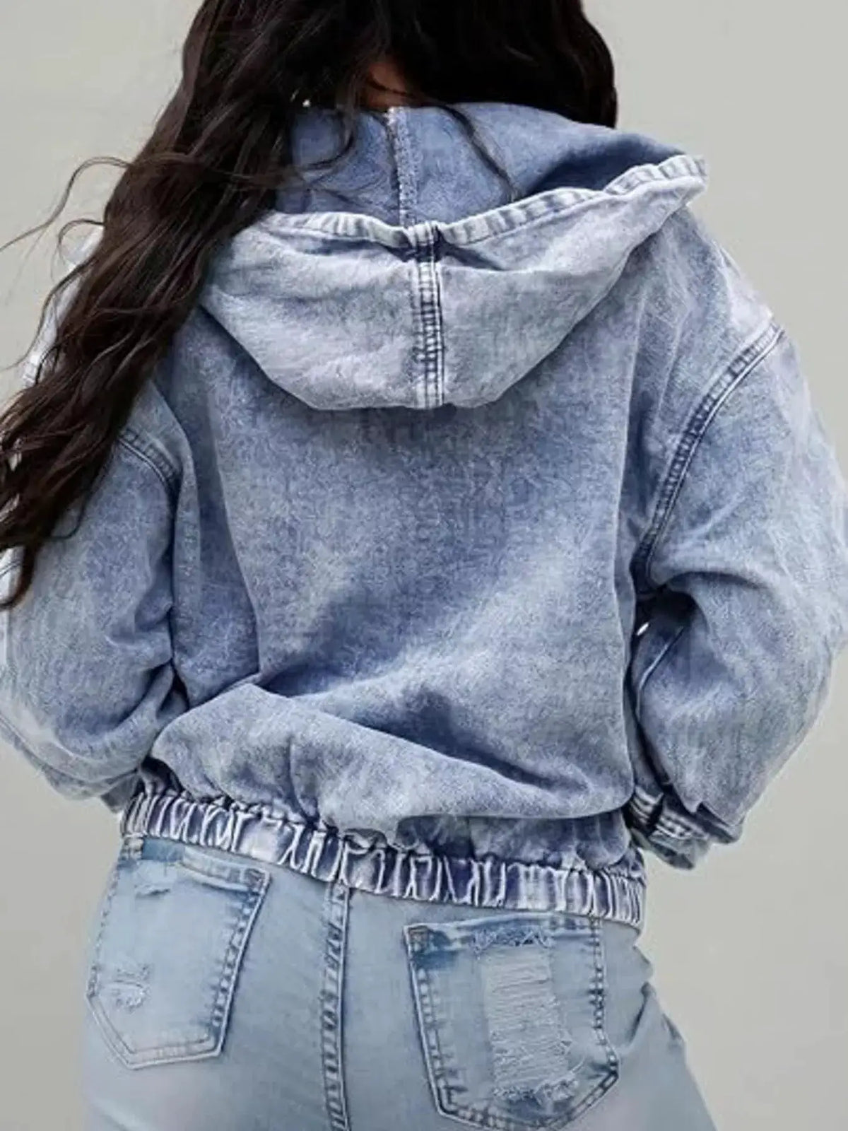 Denim jacket, light-wash, hooded oversized zip-up, back view