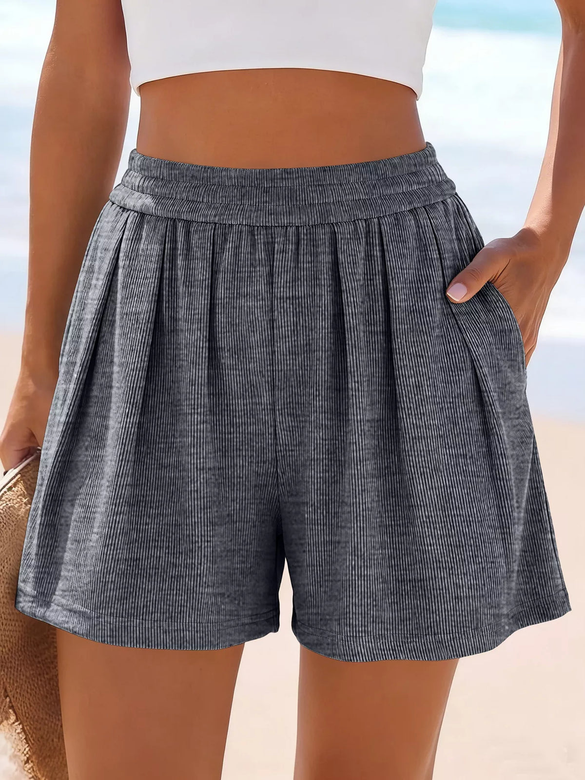 High-Waisted shorts in grey ribbed fabric; short trousers with a wide waistband