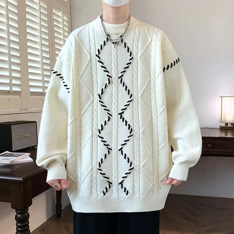 Mens Premium Cotton Blend Crewneck Sweater with Modern Fit in white featuring black diamond cable pattern