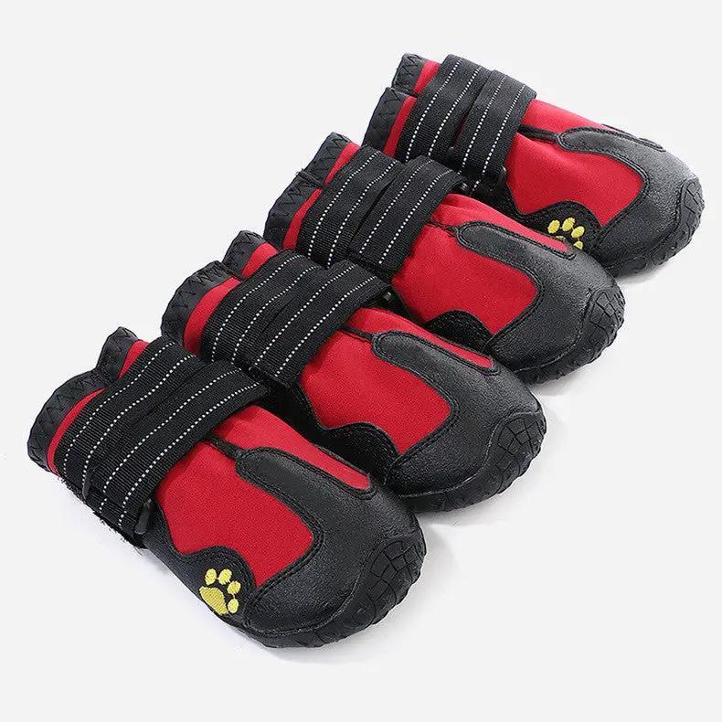 Pet Dog Foot Cover Waterproof Dog Boots; set of 4 red and black boots with Velcro straps