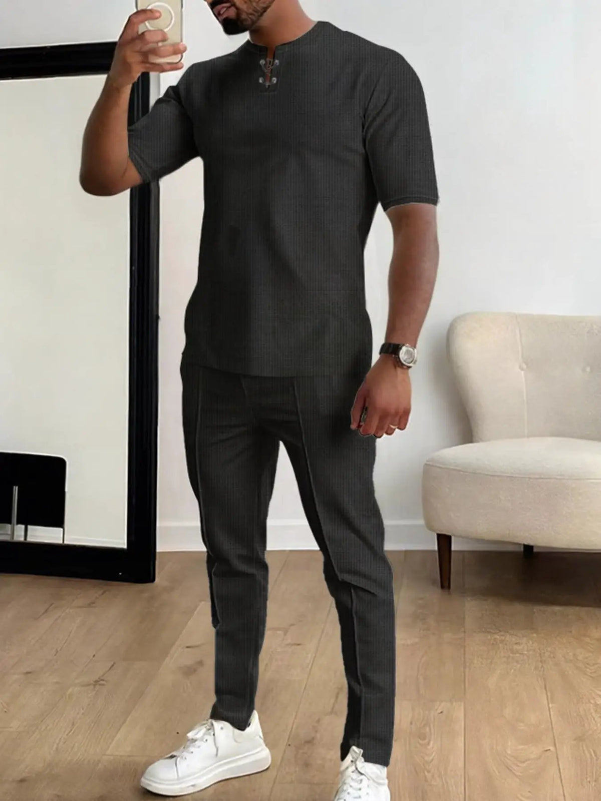 Mens plus-size casual short-sleeve top and pants two-piece set in charcoal gray ribbed knit by Trendsi