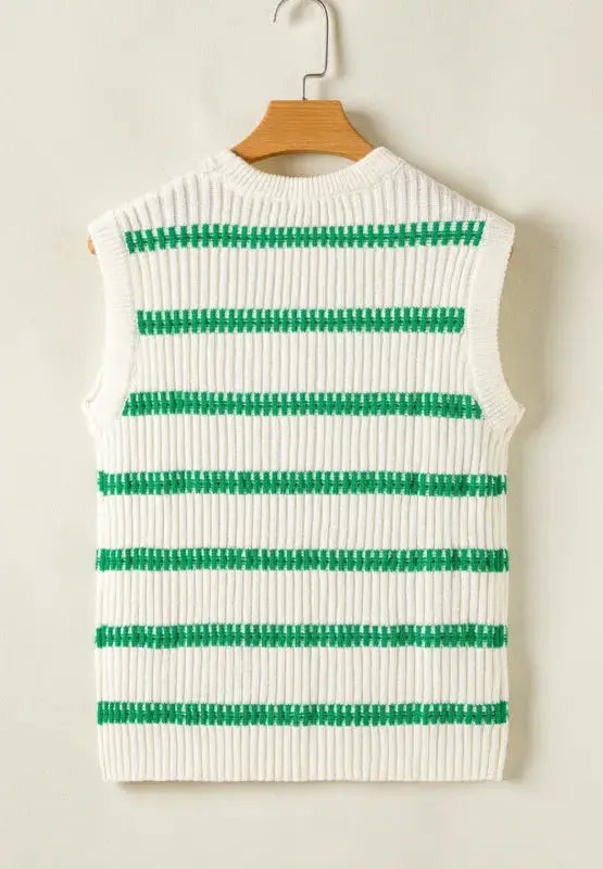 Premium Striped Round Neck Sleeveless Sweater Vest in white knit with green horizontal stripes