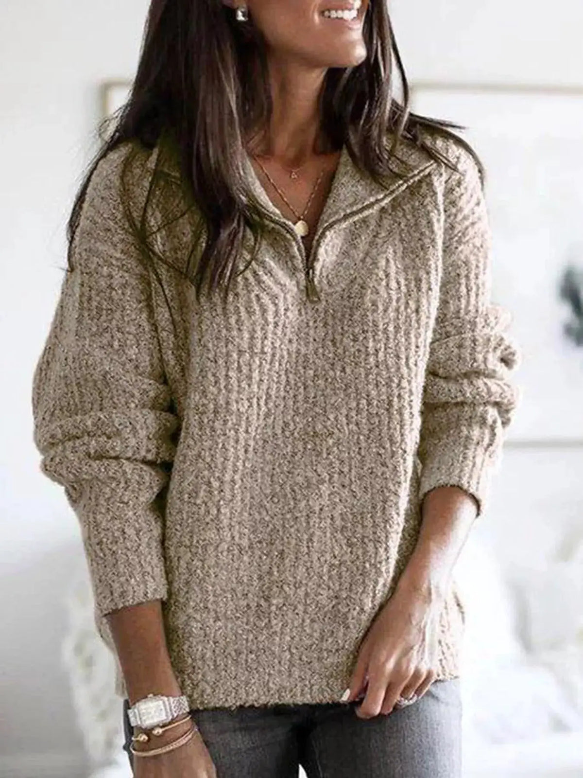 Full Size Half-Zip Textured Sweater Plus Size by Trendsi in beige knit